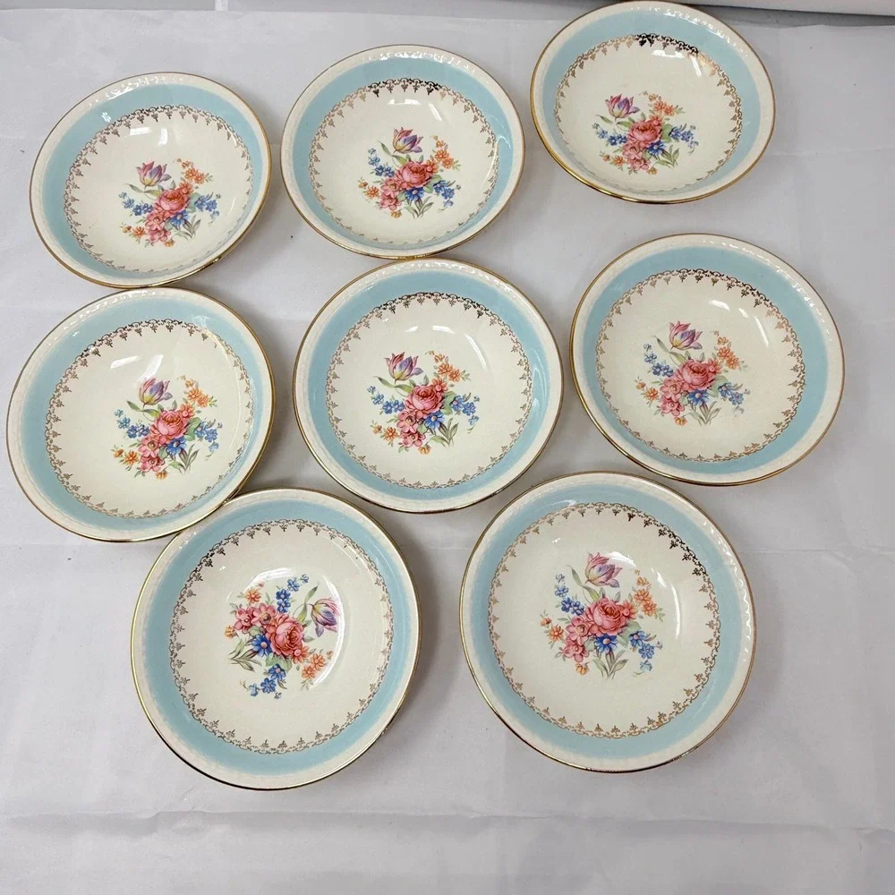 Homer Laughlin Eggshell Georgian Blue Floral Gold Filigree Fruit Bowls Set of 8